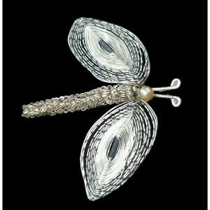 VTG Spun Butterfly Brooch Pin Silver Tone Woven Wire Dragon Fly Moth Faux Pearl